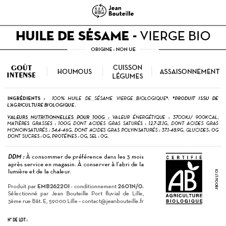 Contre étiquette - Huile de Sésame Vierge - Bio