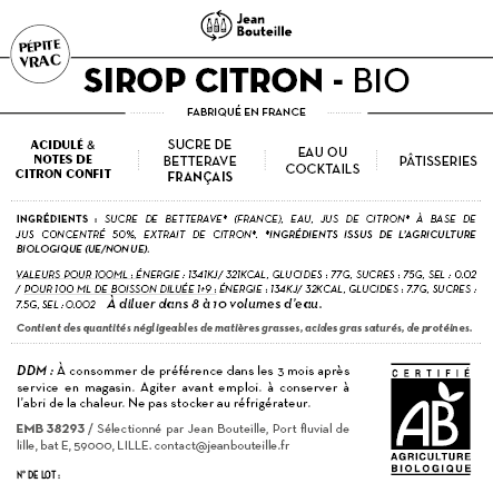 Contre étiquette - Sirop de Citron Bio - BIB 10L