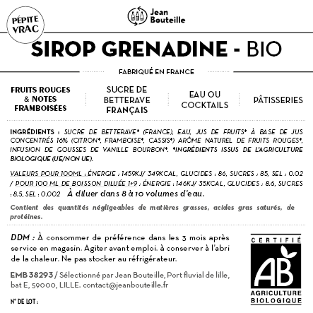 Contre étiquette - Sirop de Grenadine Bio - BIB 10L