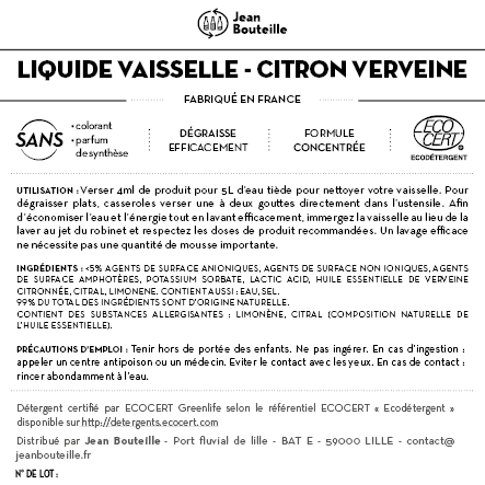 Contre étiquette - Liquide vaisselle senteur Citron Verveine - BIB 10L - Eco Détergent