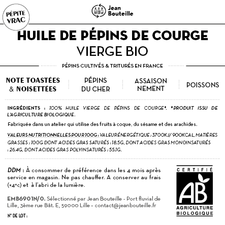 Contre étiquette - Huile de Pépins de courge Vierge - Bio - BIB3L