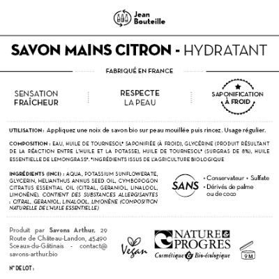 Contre étiquette - Savon Main Citron - Nature et Progrès - BIB10L