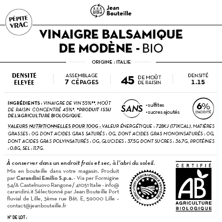 Contre étiquette -  Vinaigre Balsamique - ACETO BALSAMICO DI MODENA IGP 1.15 - Bio
