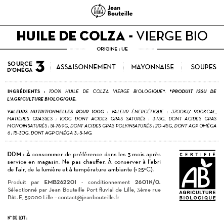 Le Bio Pour Tous -- Huile de colza vierge (origine France) - 1L