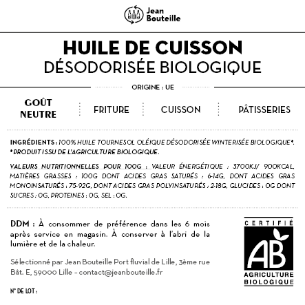 [CE0062] Contre étiquette - Huile de Cuisson Tournesol Désodorisé - Bio - BIB10L
