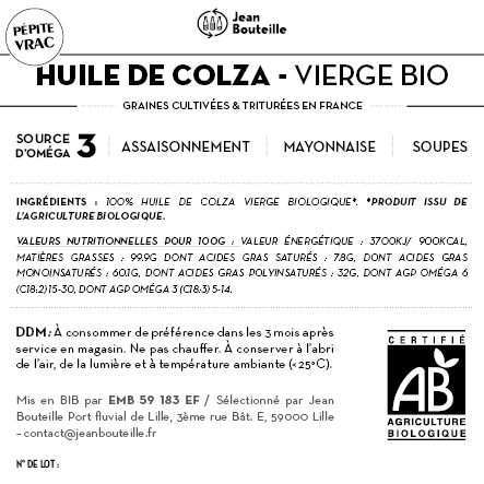 [CE0069] Contre étiquette - Huile de Colza Vierge FR - Bio - BIB 10L