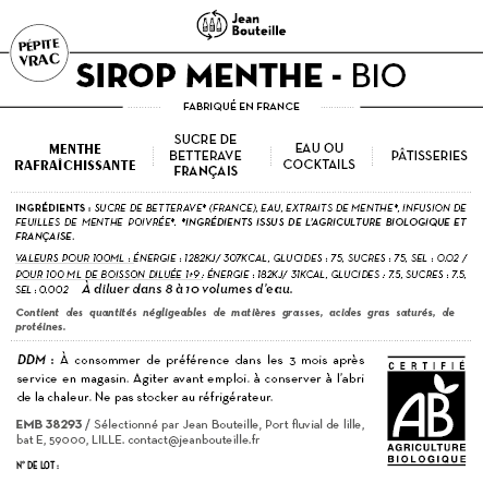 Contre étiquette - Sirop de Menthe Bio - BIB 10L