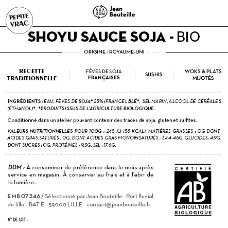 Contre étiquette - Shoyu Sauce Soja - Origine UE - Bio
