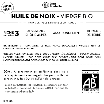 [CE0075] Contre étiquette - Huile de Noix Vierge - Bio - BIB3L