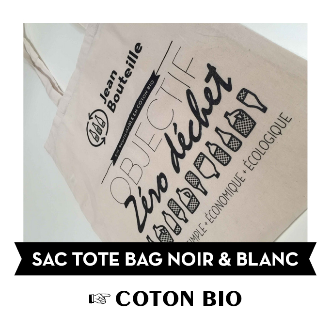 [AC0102] Sac Tote bag - coton bio - &quot;Objectif zéro déchet&quot; - noir et blanc