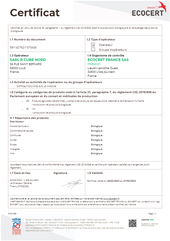 Certificat alimentaire - agriculture Bio - ECOCERT - Jean Bouteille