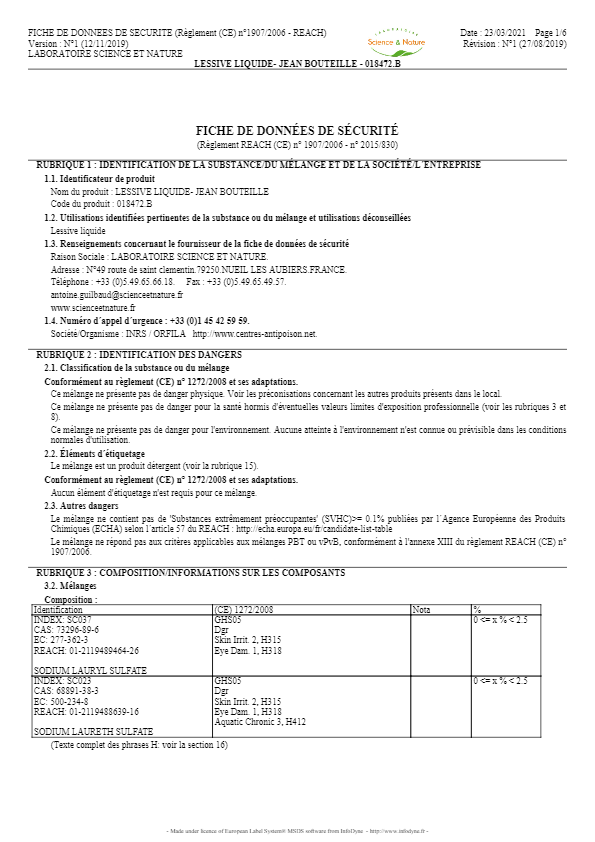 JB0551 Fiche de sécurité Lessive liquide Lavandin