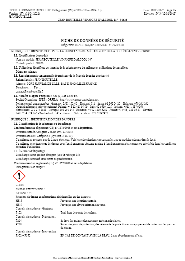 JB0539 Fiche de sécurité Vinaigre d'alcool ménager 14°