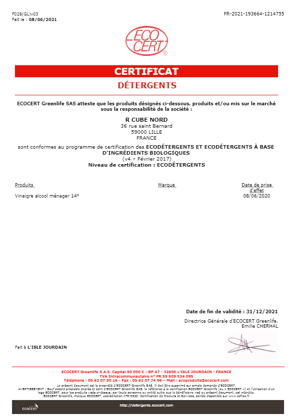 Certificat détergents - Ecocert Jean Bouteille