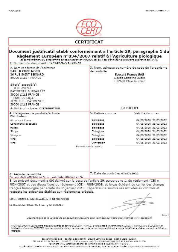certificat alimentaire - agriculture Bio - ecocert - Jean Bouteille 