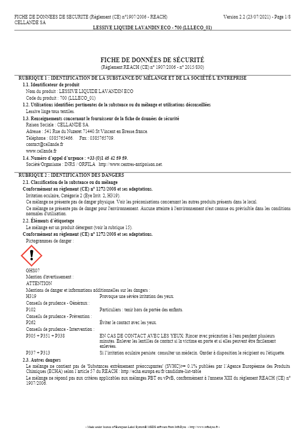 Fiche De Sécurité -LESSIVE LIQUIDE LAVANDIN ECO 