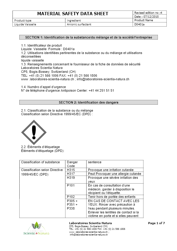 Fiche De Sécurité -Liquide vaisselle citron SCIENCIA NATURA