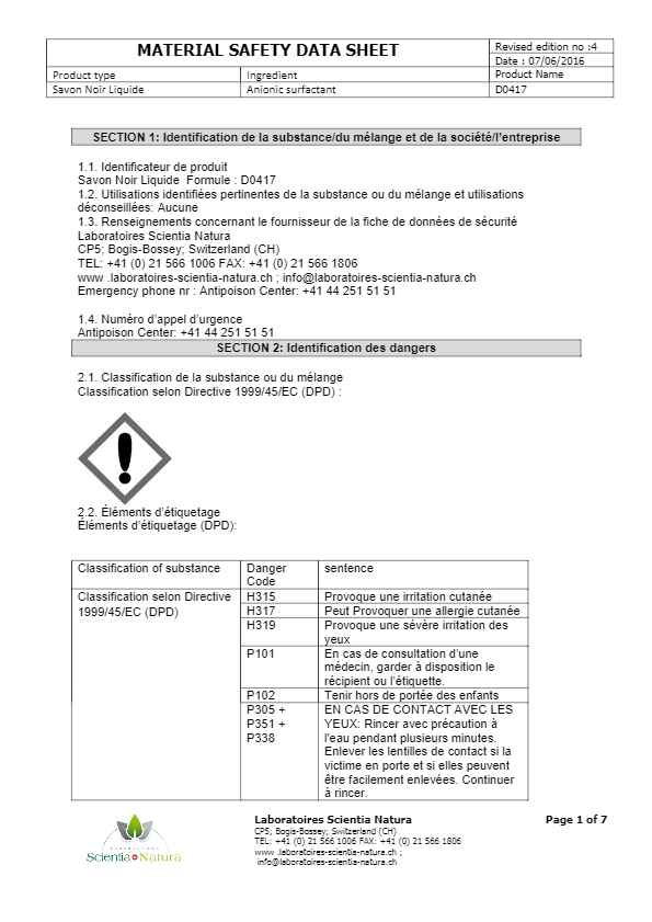 Fiche De Sécurité -Savon Noir SCIENCIA NATURA