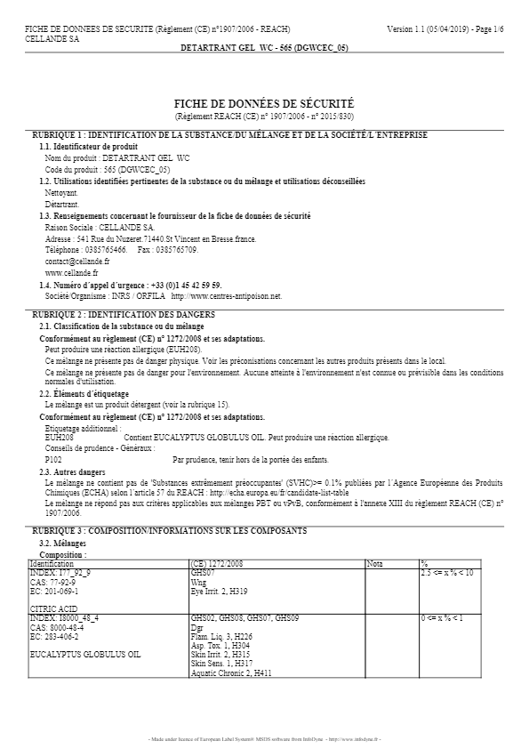 Fiche De Sécurité -DETARTRANT GEL WC Cellande